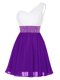 One Shoulder White And Purple Empire Beading Prom Evening Gown Zipper Chiffon Sleeveless Mini Length