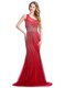 Tulle One Shoulder Sleeveless Brush Train Zipper Beading Evening Dress in Red