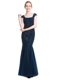 Navy Blue Mermaid Tulle Square Cap Sleeves Beading Floor Length Zipper Dress for Prom