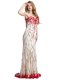 Romantic Scoop Sleeveless With Train Hand Made Flower Clasp Handle Prom Gown with White And Red Sweep Train
