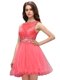 Hot Selling Watermelon Red A-line Bateau Sleeveless Organza Mini Length Zipper Beading and Lace Dress for Prom