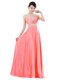 Watermelon Red Elastic Woven Satin Zipper V-neck Sleeveless Floor Length Prom Dress Beading