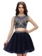 Vintage Scoop Sleeveless Mini Length Beading Criss Cross Prom Dress with Navy Blue