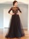 Beading and Lace Prom Dresses Black Backless 3 4 Length Sleeve Floor Length