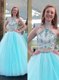 Decent Floor Length Blue Dress for Prom Halter Top Sleeveless Backless