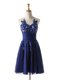 Navy Blue A-line Scoop Sleeveless Chiffon Knee Length Backless Appliques Prom Dresses