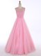 Discount Baby Pink A-line Satin Scoop Sleeveless Beading and Appliques Floor Length Backless Prom Party Dress
