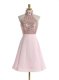 Halter Top Sleeveless Chiffon Knee Length Backless Homecoming Dress in Baby Pink with Sequins