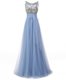 New Style Blue A-line Tulle Scoop Sleeveless Beading and Bowknot Floor Length Backless Evening Dress