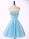 Blue Chiffon Zipper Strapless Sleeveless Mini Length Evening Dress Beading and Sequins and Ruching