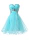 Deluxe Blue A-line Beading Evening Dress Lace Up Organza Sleeveless Knee Length