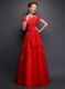 Custom Fit A-line Evening Dress Red Scoop Tulle Cap Sleeves Floor Length Lace Up