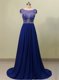 Luxury Scoop With Train A-line Cap Sleeves Royal Blue Prom Dresses Brush Train Zipper