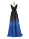 V-neck Sleeveless Floor Length Belt Blue And Black Chiffon and Tulle