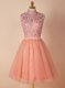 Peach Backless High-neck Appliques Prom Dress Organza Sleeveless