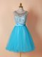 Romantic Scoop Knee Length Blue Prom Party Dress Tulle Sleeveless Beading and Lace