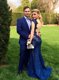 Excellent Mermaid Navy Blue Cap Sleeves Floor Length Lace Backless Dress for Prom