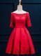 Charming Satin Off The Shoulder Half Sleeves Lace Up Appliques and Pleated Homecoming Dress in Red