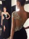 Black Mermaid Chiffon One Shoulder Long Sleeves Beading With Train Side Zipper Prom Dresses Sweep Train