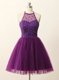 Purple A-line Tulle Halter Top Sleeveless Beading and Sequins Mini Length Zipper