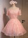Fashionable Off the Shoulder Sleeveless Lace Mini Length Lace Up Prom Dresses in Peach with Appliques