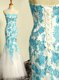 Glorious Blue and Blue And White Mermaid Appliques Prom Evening Gown Lace Up Tulle Sleeveless Floor Length