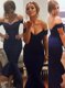 Mermaid Navy Blue V-neck Neckline Ruffles Prom Gown Sleeveless Zipper