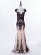 Affordable Mermaid Scoop Black Tulle Backless Evening Dress Cap Sleeves Brush Train Appliques