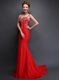 Mermaid Red Satin Zipper Spaghetti Straps Sleeveless With Train Evening Dress Brush Train Beading