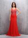 Glittering Scoop Sequins With Train Mermaid Sleeveless Red Dress for Prom Brush Train Zipper