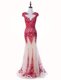 Mermaid Backless Scoop Cap Sleeves Evening Dress Brush Train Appliques Red Tulle