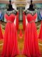Custom Design Scoop Backless Coral Red Sleeveless Sashes ribbons Floor Length Prom Dresses