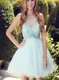 Light Blue A-line Organza Scoop Sleeveless Beading and Ruching Mini Length Zipper