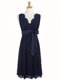 Modest Navy Blue A-line V-neck Sleeveless Lace Knee Length Zipper Sashes ribbons and Bowknot Prom Party Dress