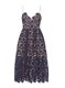 A-line Prom Gown Navy Blue Spaghetti Straps Lace Sleeveless Tea Length Zipper