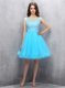 Scoop Blue Sleeveless Knee Length Beading and Appliques Zipper Evening Dress