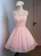 Customized Scoop Lace Pink Sleeveless Appliques Mini Length Prom Evening Gown