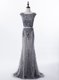 Deluxe Grey Mermaid Scoop Sleeveless Lace Brush Train Zipper Beading Evening Dress