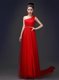 Red A-line One Shoulder Sleeveless Tulle Floor Length Zipper Beading Evening Dress