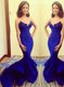 Suitable Mermaid Sleeveless Satin Floor Length Zipper Dress for Prom in Royal Blue with Ruching