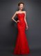 Custom Made Mermaid Beading and Bowknot Prom Dress Red Lace Up Sleeveless Floor Length