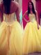 Fashionable Yellow Lace Up Sweetheart Sequins Prom Dress Chiffon Sleeveless