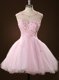 Modest Scoop Pink Tulle Zipper Prom Gown Sleeveless Mini Length Beading and Appliques