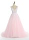 Pink Sleeveless Sweep Train Appliques With Train Prom Gown