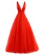 Wonderful Coral Red Organza Zipper V-neck Sleeveless Prom Party Dress Brush Train Pleated
