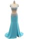 Luxurious Mermaid Aqua Blue Zipper Prom Dress Beading Sleeveless Brush Train