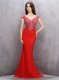 Mermaid With Train Red Prom Gown Chiffon Sweep Train Sleeveless Beading and Sequins