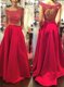 Elegant Off The Shoulder Sleeveless Sweep Train Backless Prom Evening Gown Red Satin