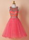 Wonderful Scoop Sleeveless Knee Length Beading Zipper Prom Gown with Watermelon Red