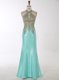 Clearance Mermaid Satin High-neck Sleeveless Zipper Beading Prom Evening Gown in Aqua Blue